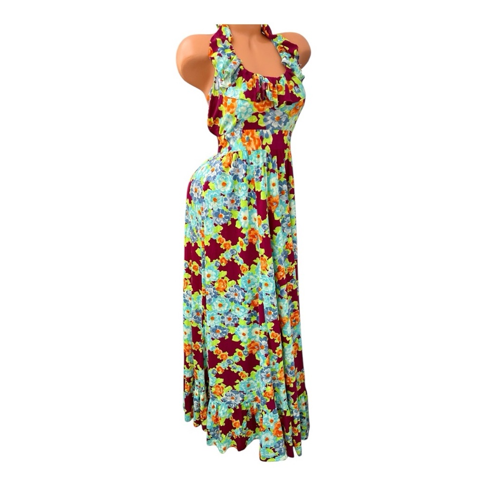 Vtg 70s House of Nine Blue Yellow Bright Hippie Floral Halter Maxi Dress Size S